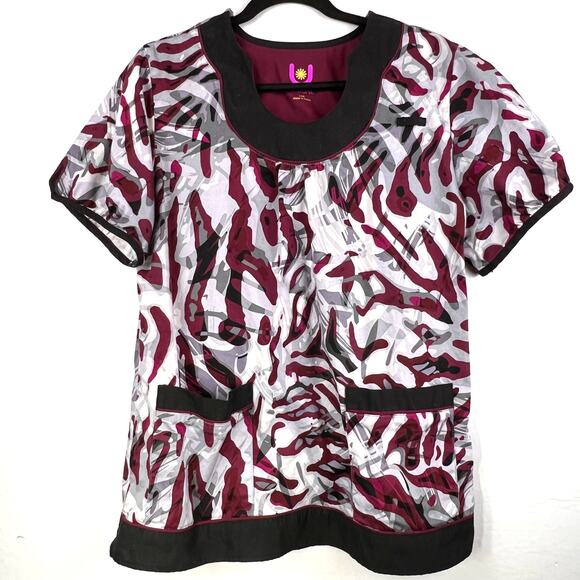 Ubane Scrubs Top Womens Large-Modern Abstract - Black/Maroon/Gray SS Stretch - Picture 1 of 5